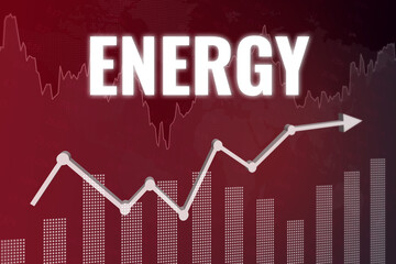 Energy sector on stock market on dark and red financial background with white arrow. Trend up and down. 3D illustration