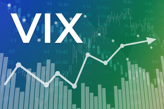 Price change on trading VIX (Volatility Index) futures on blue and green finance background. Trend Up and Down. 3D illustration