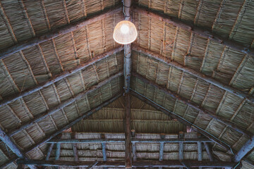 traditional bamboo roof structure. Roof made with leaves. Background and texture of dry leaf. Dry leaf for roof. structure of roof.