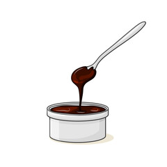 Hot chocolate bowl with a spoon on a white isolated background. Vector cartoon illustration of brown sauce