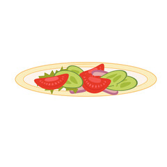 Minimalistic plate with cucumber and tomato salad with onions, Appetizing dish for a healthy diet. Fresh harvest. Sensgiving. Vector illustration isolated on white background.