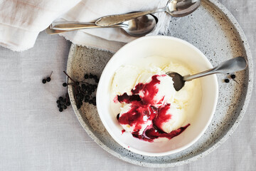Vanilla ice cream with elderberry sauce.