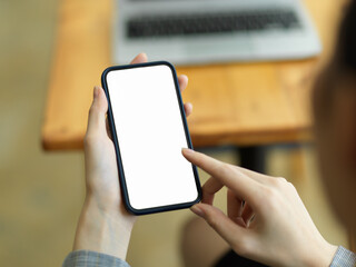 Closeup, Women using cellphone, smart mobile phone blank screen mockup