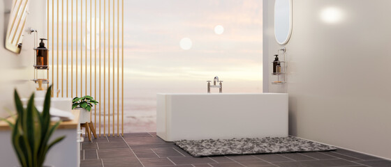 Luxury spacious bathroom interior with bathtub over sky view in background