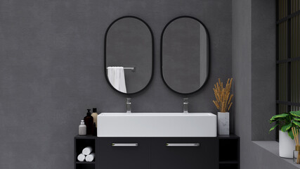 Modern stylish bathroom interior with two round mirror on grey wall and large ceramic sink
