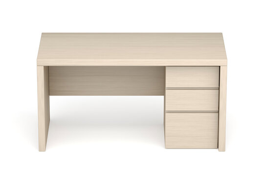 Front view of an empty wooden desk with drawers on white background