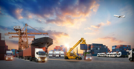 Obraz premium Industrial Container Cargo freight ship, forklift handling container box loading for logistic import export and transport industry concept backgroundtransport industry background