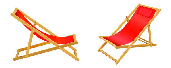 Fototapeta premium Two Folding lounge Beach Chairs, Wood and red Fabric