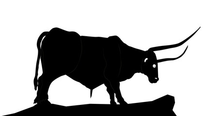 Silhouette of bull with long horns standing on rock isolated on white. Vector illustration.