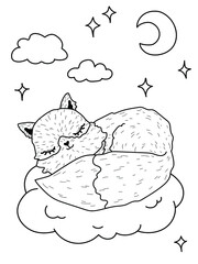 Cute cartoon fox sleeping in the clouds. Coloring book animal in space with stars, moon.