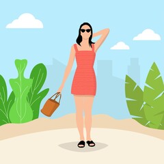 Girl walking on the beach wearing an orange shirt and sunglasses. Vector Illustration