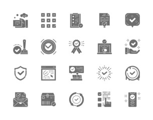Set of Check Mark and Approve Grey Icons. Certificate, Quality Control and more.