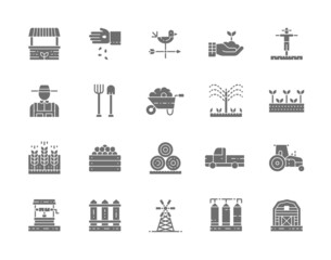 Set of Farming and Agriculture Grey Icons. Farmer, Tractor, Millwheel and more.