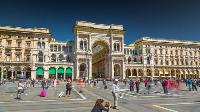 Milan Cathedral Hyperlapse Time lapse. People walking on Square Piazza Duomo di Milano and Gallery Vittorio Emanuele II, during the fashion week timelapse sunset