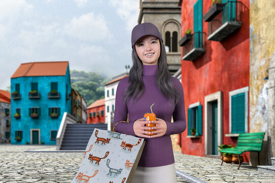 カラフルな建物の並ぶ街で帽子をかぶってジュースを飲み歩く猫の柄の買い物袋を持った女の子