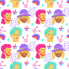 Seamless vector pattern with LGBTQ on isolated hand drawn background.Pride,homosexual,rainbow,transgender print in flecked style.Designs for textiles,fabric,wrapping paper,packaging,social media,web