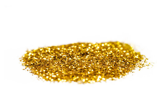 Pile Of Gold Sequin Bits Isolated On White Background. Heap Of Golden Glitters