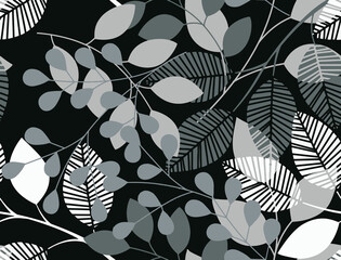 seamless pattern with leaves. Black and White Artwork
