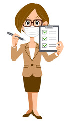 チェックシートを持つオフィスで働く眼鏡を掛けた女性のイラスト
