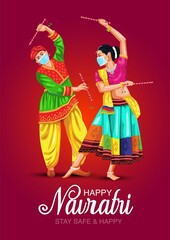 dandiyaGarba Night poster for Navratri Dussehra festival of India. vector illustration of couple playing Dandiya dance. covid corona virus concept.