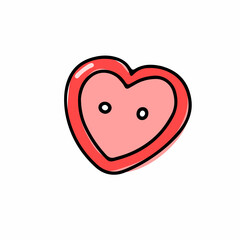 Vector heart-shaped red button isolated on white background. Doodle illustration for weddings, t-shirt, Valentines Day. Sketch Sign of love, romance, feelings, relationship, needlework. Valentine card