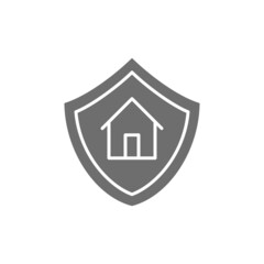 Home protection, shield with house, property insurance grey icon.