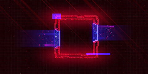 Futuristic cyberpunk style square with glitch effect. Square with red cyberpunk elements and blue hud neon hologram effect. Good for design banners, electronic music events, game titles.