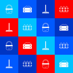 Set Basket, Bag of flour, Garden rake and fence wooden icon. Vector