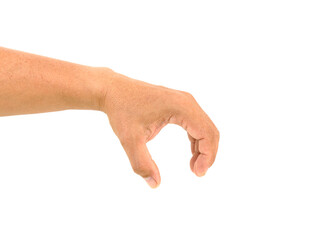 Male hand holding something isolated on a white background.