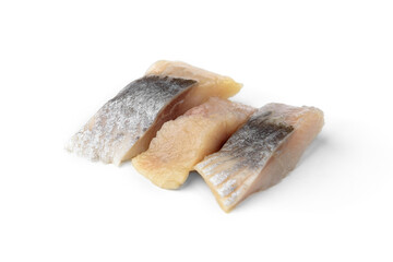 Salted herring in oil, sliced fish fillet, isolated on white background.