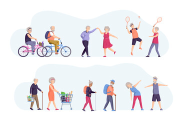 Fototapeta premium Old elderly people activity set. Happy elderly grandmother and grandfather healthy active lifestyle retiree. Dancing, biking, hiking, tennis, shopping, doing fitness couple sport tourist