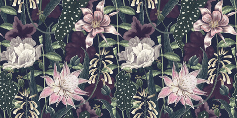 Botanical seamless pattern. Flowers, buds, leaves. Floral vintage background. Perfect for paper, wallpaper, textiles, goods
