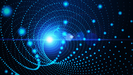 Abstract Futuristic Blue Digital Technology Circle Twisted Line Dots In Space With Optical Lens Flare Light Background