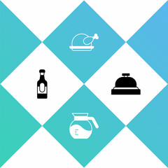 Set Wine bottle, Coffee pot, Roasted turkey or chicken and Hotel service bell icon. Vector