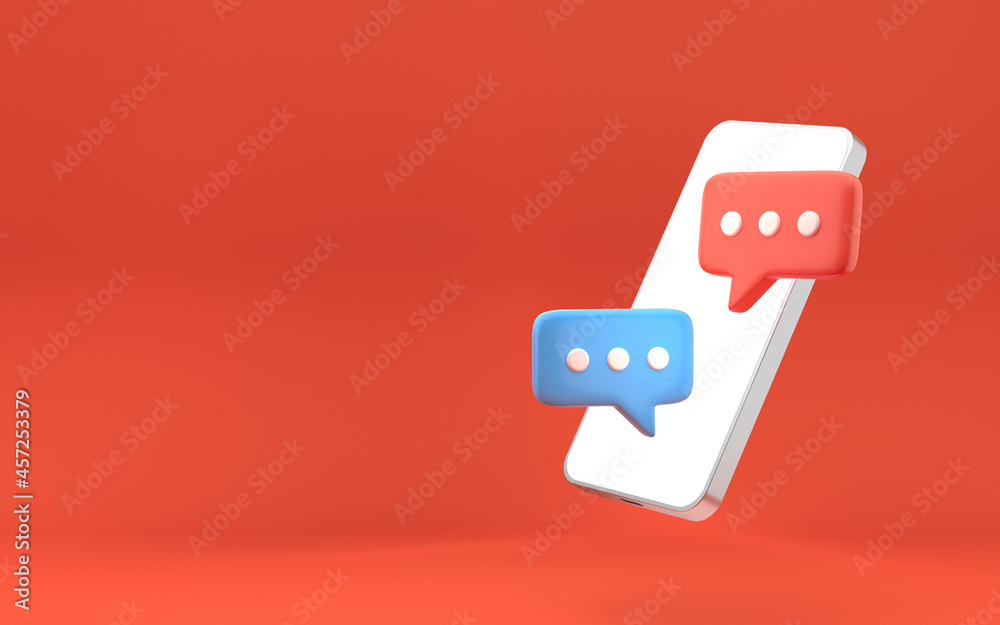 Poster Smartphone notification and chat bubble floating on bright red background. 3d rendering