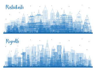 Outline Riyadh Saudi Arabia and Rishikesh India City Skyline Set.