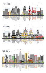 Medan Indonesia, Seoul South Korea and Ningbo China City Skyline Set.