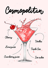 Vector engraved style Cosmopolitan cocktail illustration for posters, decoration, logo and print. Hand drawn sketch with lettering and recipe, beverage ingredients. Detailed colorful drawing. - obrazy, fototapety, plakaty