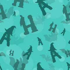 Seamless pattern for print. Letters, silhouettes. Halloween blue-green background