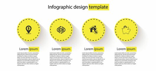 Set Cash location, Money exchange, House with percant discount and Piggy bank. Business infographic template. Vector