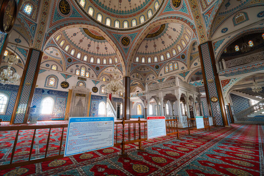 Manavgat, Turkey - August 28 2020: Central Mosque complex, Interior, carpets and traditional patterns Magnificent mosque Merkez Kulliye Cami