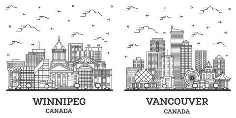 Naklejka premium Outline Vancouver and Winnipeg Canada City Skyline Set.