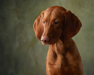 A dog on a textured canvas background in a photo studio. Hungarian vizsla portrait