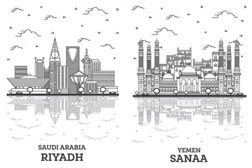 Obraz premium Outline Sanaa Yemen and Riyadh Saudi Arabia City Skyline Set.