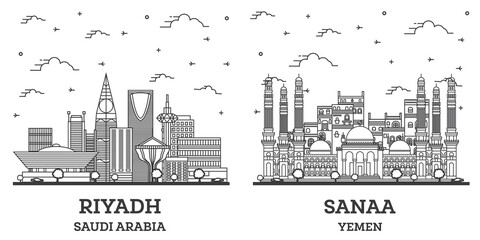 Obraz premium Outline Sanaa Yemen and Riyadh Saudi Arabia City Skyline Set.
