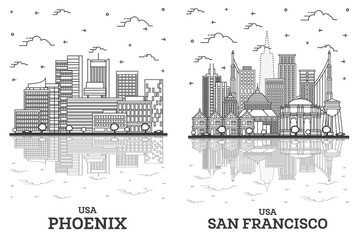 Outline San Francisco California and Phoenix Arizona USA City Skyline Set.