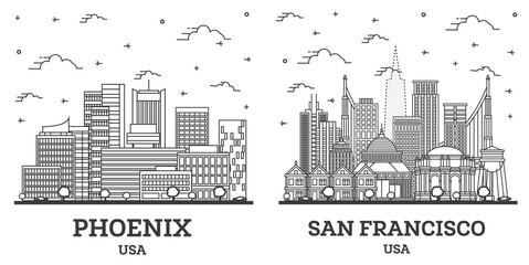 Fototapeta premium Outline San Francisco California and Phoenix Arizona USA City Skyline Set.