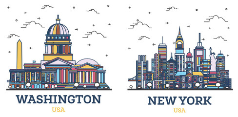 Outline New York and Washington DC USA City Skyline Set.