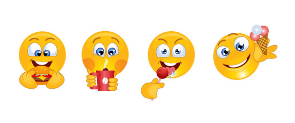 Cartoon icons of smiling faces in various characters. Icons of a smile face with food. Smile with a burger, coffee, candy and ice cream