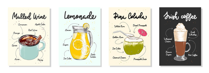 Set of 4 advertising recipe lists with alcoholic drinks, cocktails and beverages lettering posters, wall decoration, prints, menu design. Hand drawn typography with sketches. Handwritten calligraphy. - obrazy, fototapety, plakaty